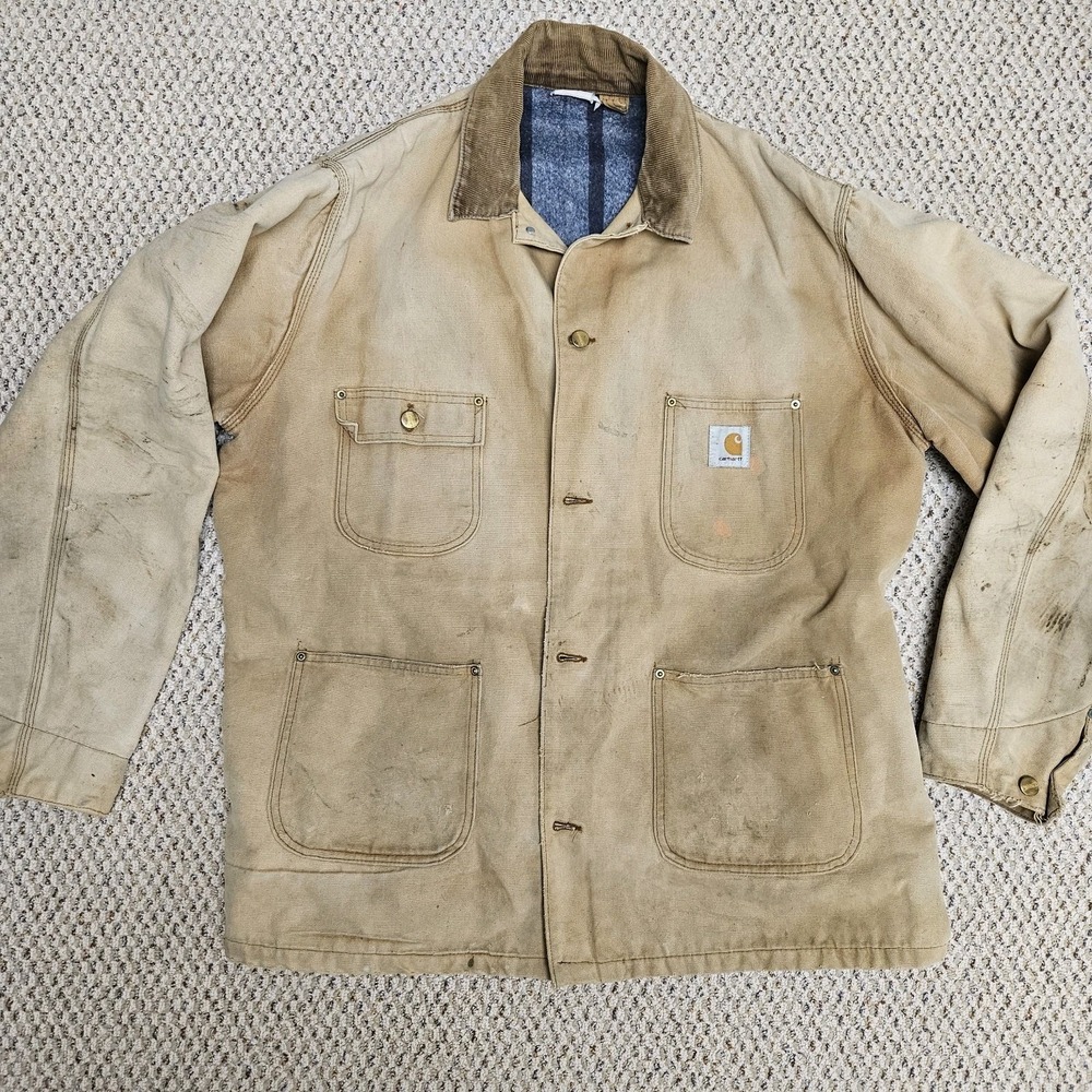 VTG 80's Carhartt Canvas Tan Blanket Lined Chore Barn Thrashed Jacket Sz L/XL